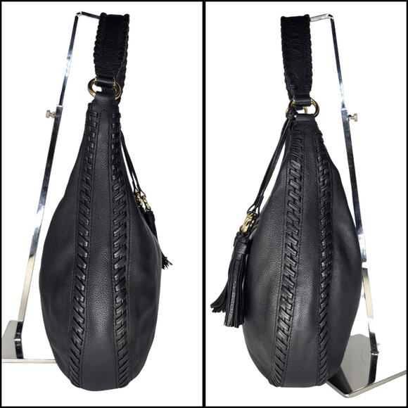 Michael Kors Handbag Purse Black Leather Gold Tassel Fringe Crescent Shoulder - Picture 4 of 13